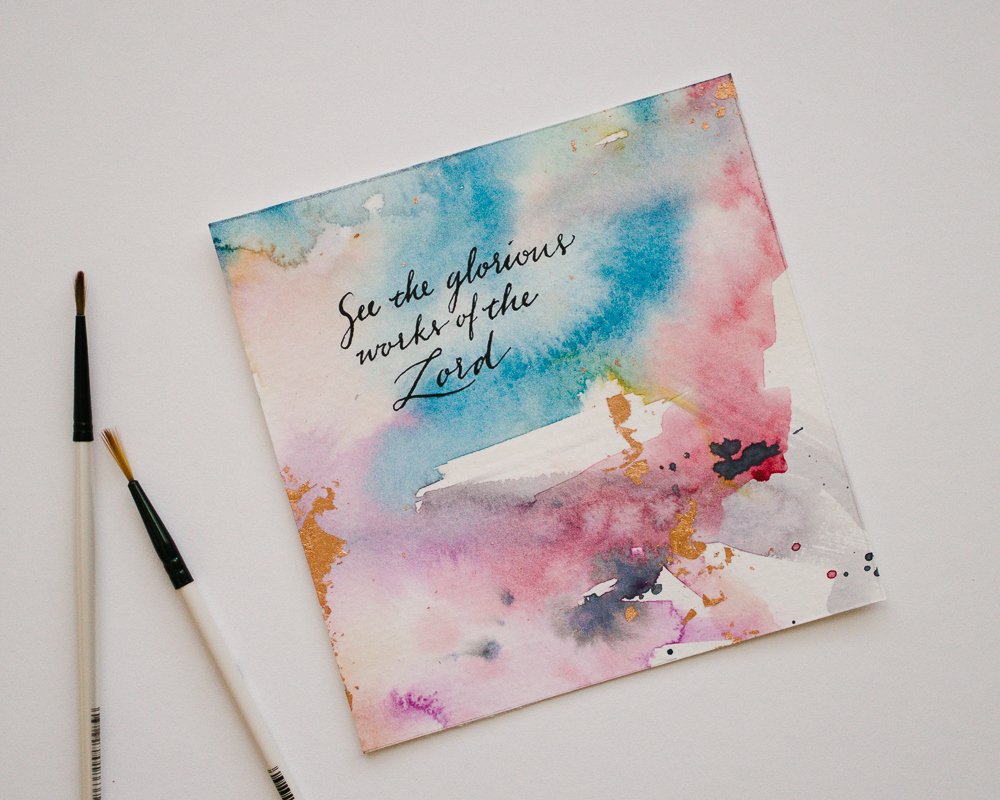 Mercy_Creates's tweet photo. "Come, see the glorious works of the LORD: See how he brings destruction upon the world." —Psalm 46:8
#MercyCreates #encouragement #Psalms #PsalmsProject #Deliverance #Salvation #encourage #BibleVerse #Gospel #Lettering #Watercolor #WatercolorPainting #abstractart #GoldLeafing https://t.co/dWlc9G0MYO