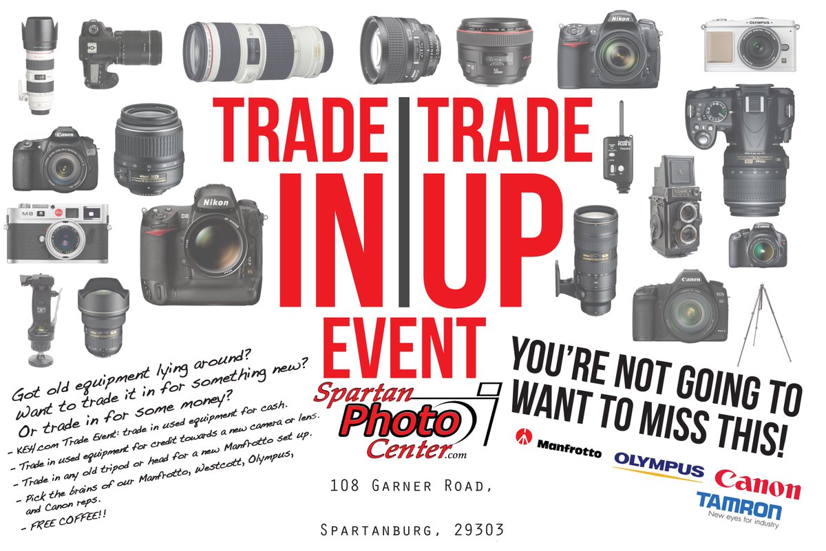 SpartanPhoto's tweet photo. Mark your calendars! Trade in Trade up is just around the corner!!! October 12 & 13th #LastCameraStoreSC Buy, sell, trade, sensor clean, lens calibration, 15% off used, Manfrotto, Olympus, Tamron, LowePro, Peak Design, Film, Instax, Polaroid Originals, Promaster, Savage & more https://t.co/HE31OWjuTC