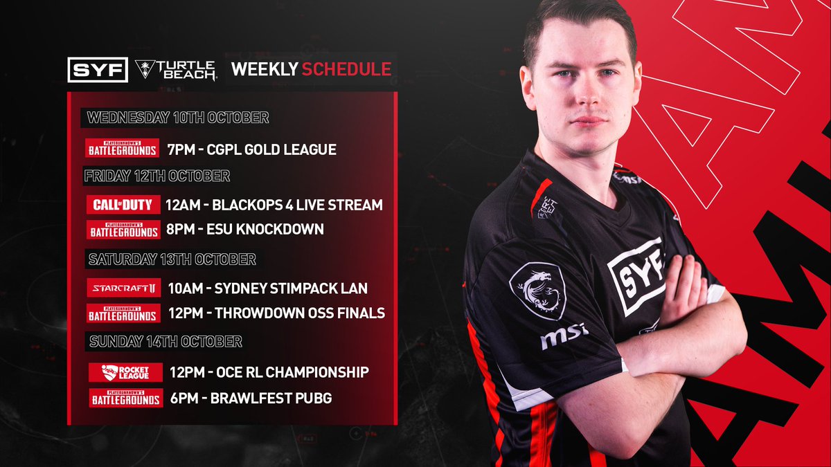 SYFGAMING's tweet photo. A busy week install for our teams, so be sure to check out the weekly schedule below for all your #PUBG #RocketLeague #Starcraft2 and #CallofDuty action.

#BuiltToWin #WeAreElite @TurtleBeach https://t.co/MM0114Ayys