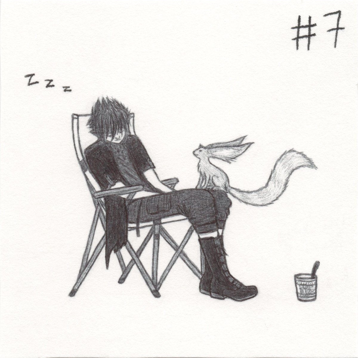 #Inktober2018, Day 7: #Exhausted.

Shhh... The Prince has fallen asleep. 
And something tells me he is safe from bad dreams.

#inktober #FFXV #FinalFantasyXV #FF15 #FinalFantasy15 #Noctis #NoctisLucisCaelum #Carbuncle #SquareEnix #art #fanart #traditionalart