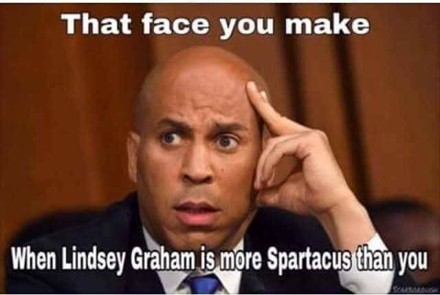 <a href="/LindsayGrahamSC/">Lindsay Graham Fake</a> <a href="/CoreyBooker/">Corey Booker</a> <a href="/CoreyBooker2020/">Booker2020</a> The face Booker made when Sen. Lindsay Graham had a Spartacus moment