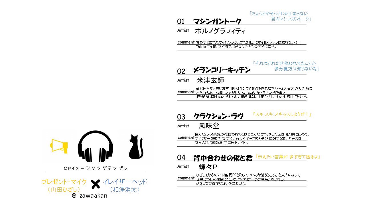 さいか Twitterren マイ相で無かったのが寂しくて テンプレお借りして作っちゃいました 独断と偏見ですがオススメをいれたので是非聞いてみて下さい Ff内外問わず 他にぴったりな曲や違う解釈など教えて頂けたらとても嬉しいです 一致したら硬い握手を
