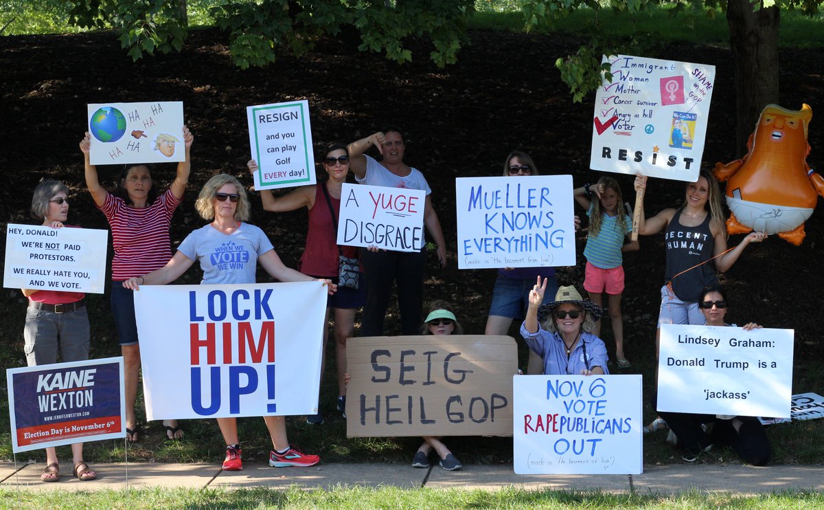 POTUS was golfing today with Senator Lindsey Graham. We greeted them on their way out. - Oct 7, 2018. 
@BryceTache @KremlinAnnex #StandonEveryCorner #CancelKavanaugh #Resist