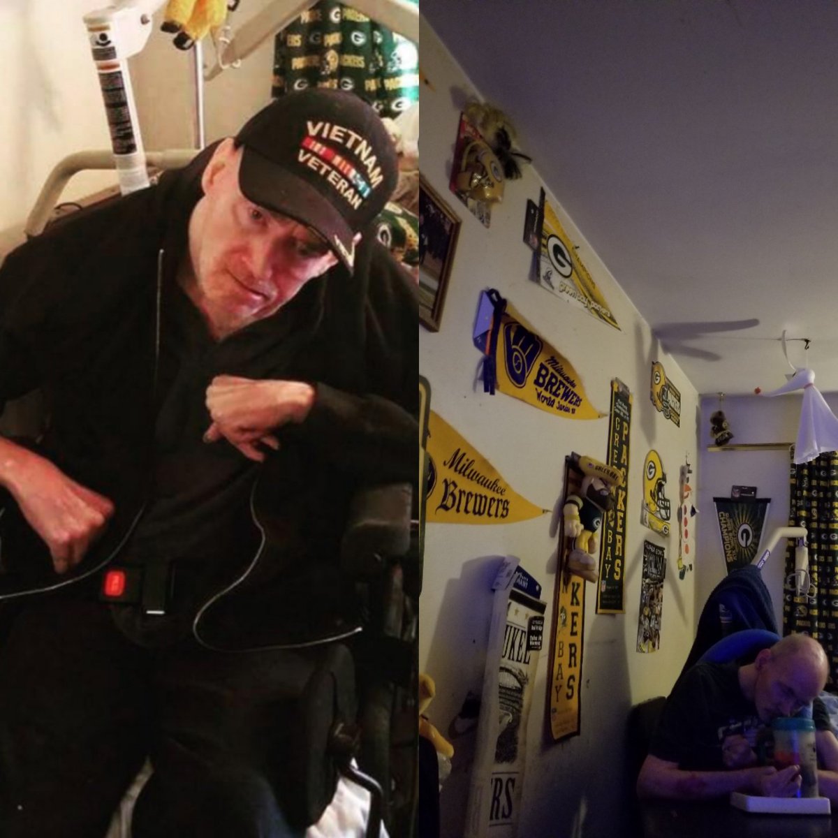 evil_liz's tweet photo. @Brewers My dad Gordy. The biggest Brewer&amp;Packer fan I've ever met. Been repping the pack &amp; brew crew thru thick&amp;thin. He's never wavered or gave up, even during the losing years. Can you tweet him some love? #ParalyzedVietnamVet #ThisIsMyCrew #TrueFan #2TimeVietnamVet #HeroFan https://t.co/0jjZjtODOC