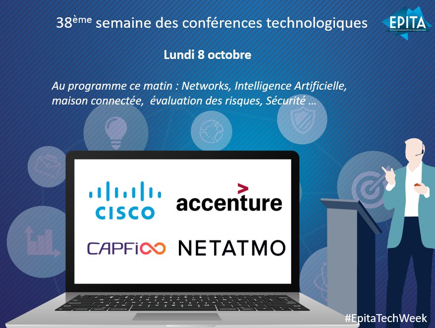 LTrebulle's tweet photo. Début de la 38ème semaine #EpitaTechWeek @EPITA 
avec ce matin @CiscoFrance @AccentureFrance @netatmo et @Cap_Fi 
au programme : #networks / #P4 #AI  #connectedhome #RiskManagement https://t.co/q9KfSrtu1j