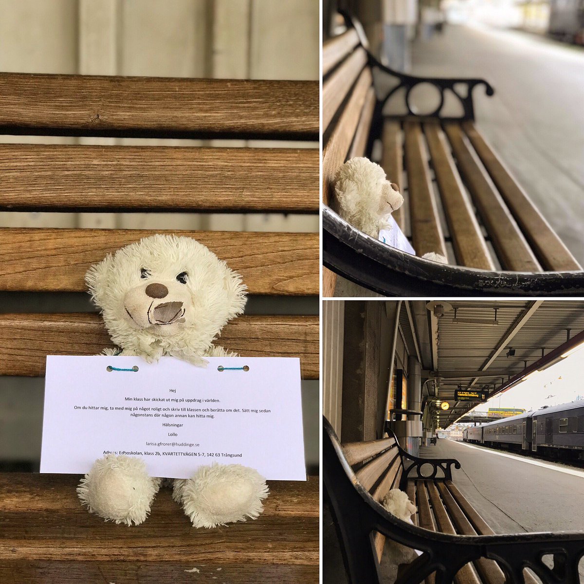 Dotterns klass har skickat lilla Nalle på resa i Sverige. Just nu sitter han ensam på en bänk på Stockholms centralstation spår 10 och väntar på att någon snäll själ ska ta med honom på vidare äventyr. Kändes inte helt schysst i hjärtat att lämna honom där, så håll tummarna! ❤️