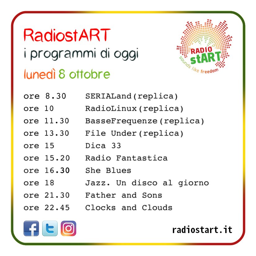 ArtRadiost's tweet photo. RadiostART. i programmi di lunedì 8 ottobre
ascolta RadiostART su https://t.co/6mVaFd0kyi  o con TuneIn    

#RadiostART #Programmi #Podcast #Dica33 #RadioFantastica #SheBlues #jazzundiscoalgiorno #TheBitters #FatherandSons #ClocksandClouds #Radio #Musica #Lunedì #8Ottobre https://t.co/jX9OEKSTAd