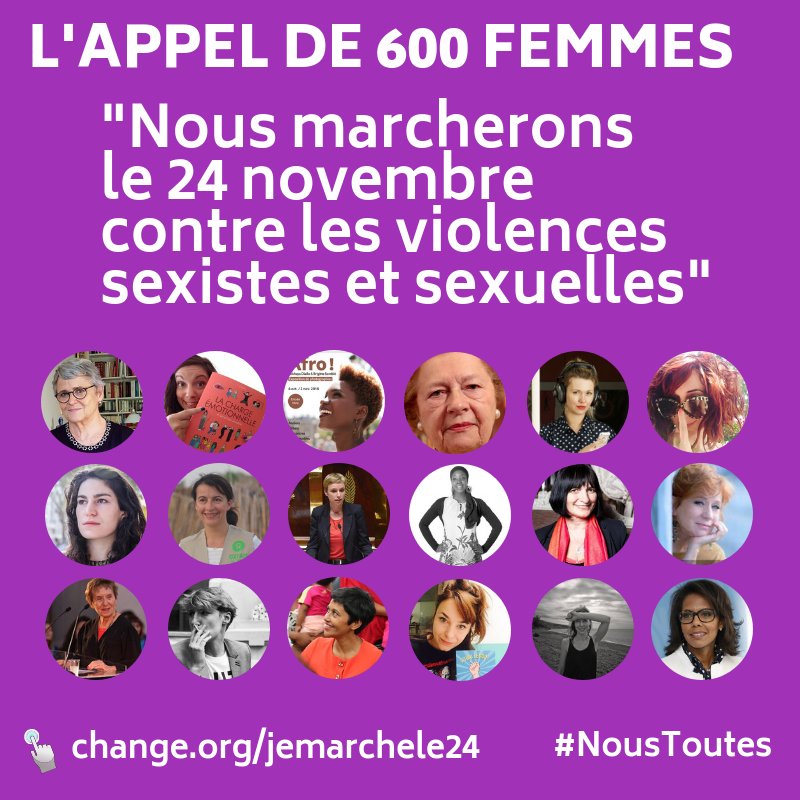 600 femmes appellent à une immense marche le 24 novembre pour en finir avec les violences sexistes et sexuelles. Rejoignez-les ! #NousToutes #jemarchele24 change.org/jemarchele24