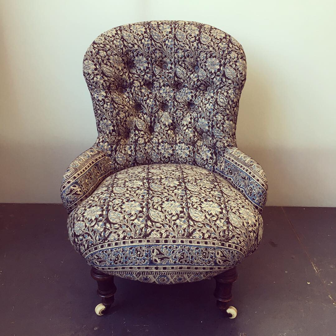 south_rachael's tweet photo. I wasn’t sure about my client’s decision to use an Indian hand block printed cloth for this iron back chair, but I actually really love the end result! #blockprinted #indiantextiles #ironback #tradionalupholstery https://t.co/c6h4AW0HF6
