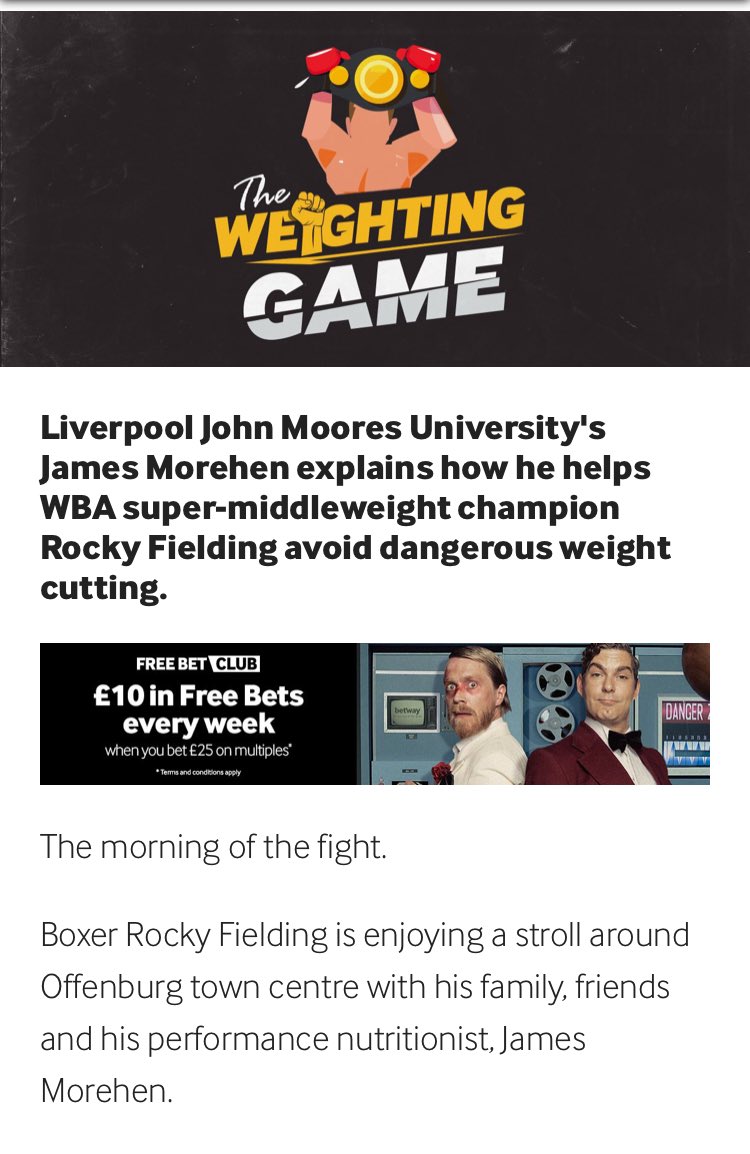 A small glimpse of how <a href="/LJMUNutrition/">LJMU Sport Nutrition</a> <a href="/LJMUSportSci/">LJMU Sport Science</a> assist <a href="/Rocky87Fielding/">ROCKY87FIELDING</a> to manipulate body composition and make weight safely ⚖️ ✅                                     blog.betway.com/boxing/leading…