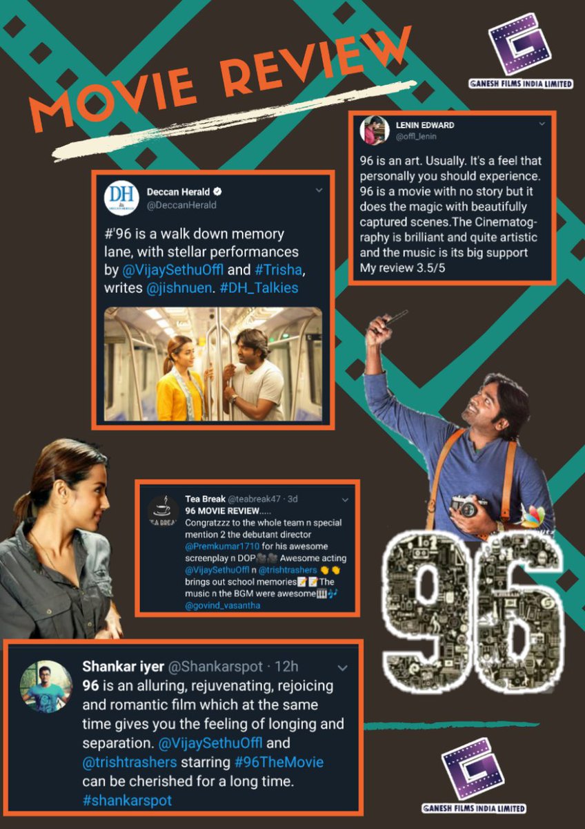 GaneshFilms1's tweet photo. Review says #96TheMovie is alluring &amp; heartwarming tale, A must watch this exquisite love story.
Here are some reviews from Ganesh Films India Ltd. https://t.co/3S0lpee8rq