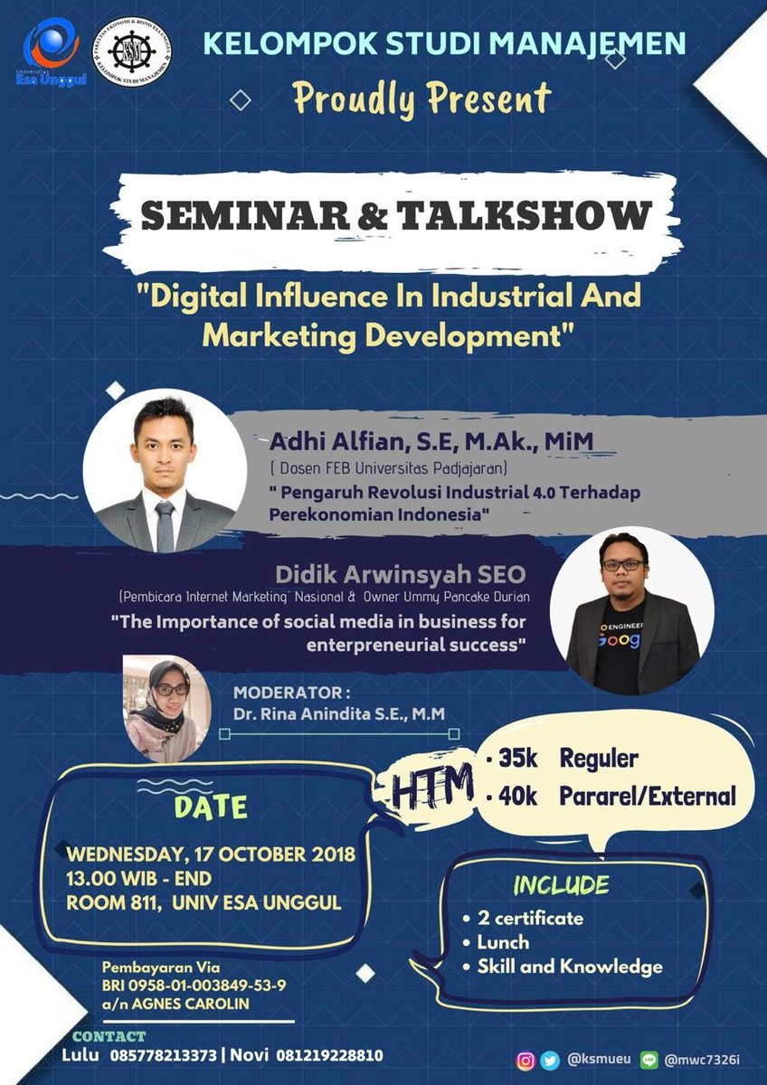 KSMUEU's tweet photo. Fakultas Ekonomi &amp; Bisnis
Univ. Esa Unggul

Himpunan Mahasiswa Jurusan
-KELOMPOK STUDI MANAJEMEN-

📌Proudly Present📌
(SEMINAR &amp; TALKSHOW)

"Digital Influence In Industrial And 
Marketing Development"

📚Seminar
''Pengaruh Revolusi Industri 4.0 Terhadap Perekonomian Indonesia" https://t.co/EOeOzbnLLl