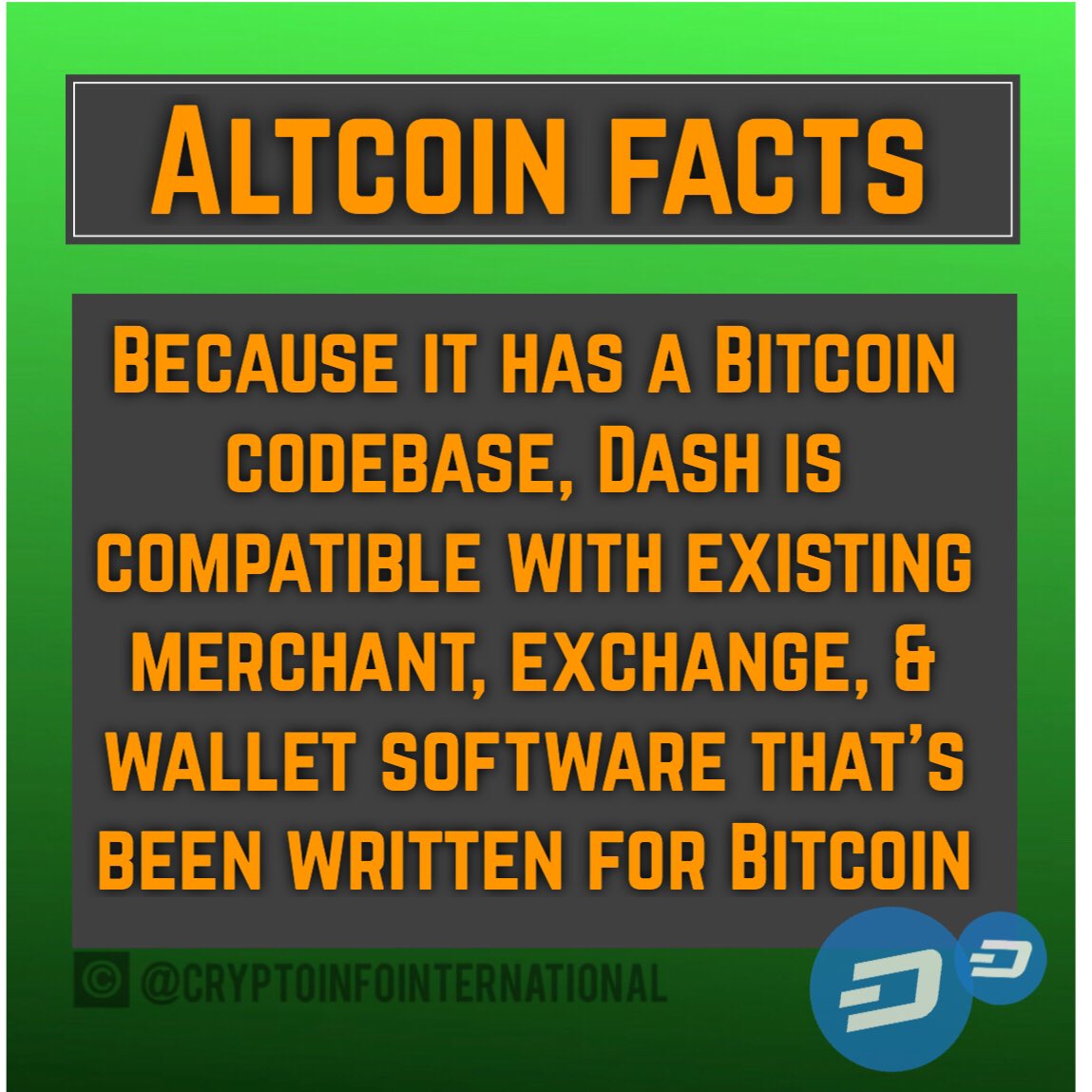 cryptoinfointl's tweet photo. #DASH (“#digital #cash”) is built upon #Bitcoin’s core #code but offers new features such as privacy and quicker transactions 💸 #Altcoin #CryptoCorner https://t.co/D3Po5rv6vP