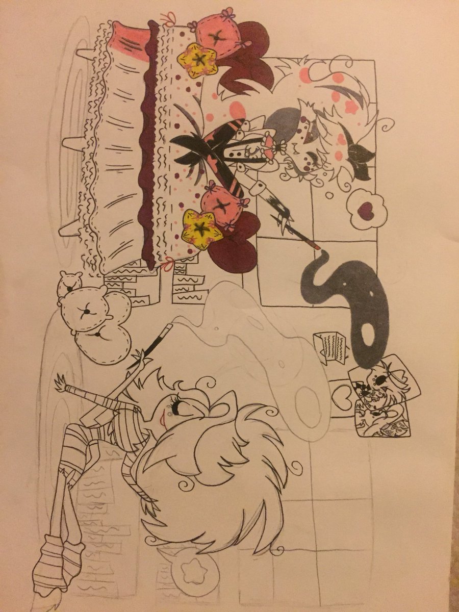 CherryC22565720's tweet photo. @VivziePop Working On a scene with my OC (no name yet) And Angel Dust’s Female Version! I Hope You Enjoy! #HazbinHotel https://t.co/D2pEQvd6Bn