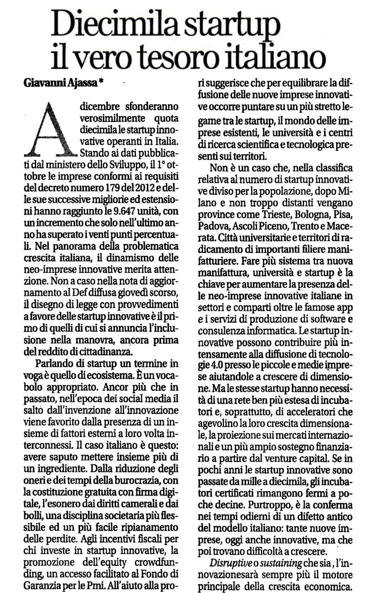 Via <a href="/RepubblicaAF/">Repubblica Affari&Finanza</a> 'Diecimila #startup il vero tesoro italiano' <a href="/MISE_GOV/">Assessorato allo Sviluppo Economico di Bugliano</a> #disruptive #openinnovation startup.registroimprese.it/isin/home @BNLImpresa <a href="/smaunotes/">SMAU</a> <a href="/Osserv_Digital/">Osservatori Digital</a> <a href="/Digital_Magics/">Digital Magics</a> <a href="/TalentGardenit/">Talent Garden Italy</a> <a href="/smartandstart/">smartandstartcom</a>