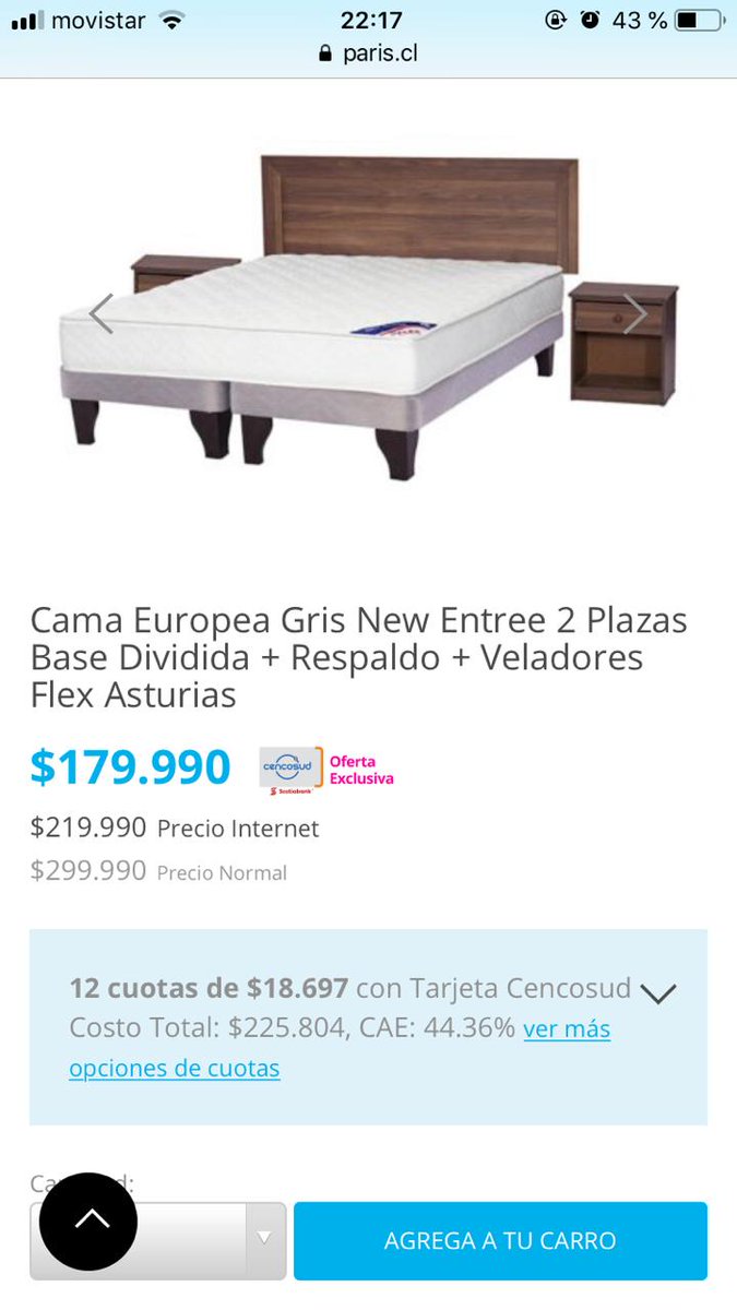 guillemarsh's tweet photo. Podemos ver que a las 22:17, revisé esa cama. 00:08 ingreso para ver si #CyberMondayCL generaba alguna oferta y me encuentro con esta sorpresa!
Secos @tiendas_paris gran oferta, aumentando el precio!!! https://t.co/Ece4l0iXHc