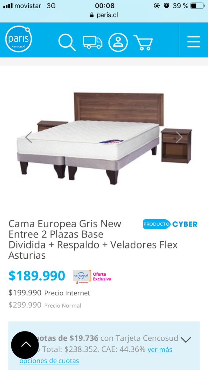 guillemarsh's tweet photo. Podemos ver que a las 22:17, revisé esa cama. 00:08 ingreso para ver si #CyberMondayCL generaba alguna oferta y me encuentro con esta sorpresa!
Secos @tiendas_paris gran oferta, aumentando el precio!!! https://t.co/Ece4l0iXHc