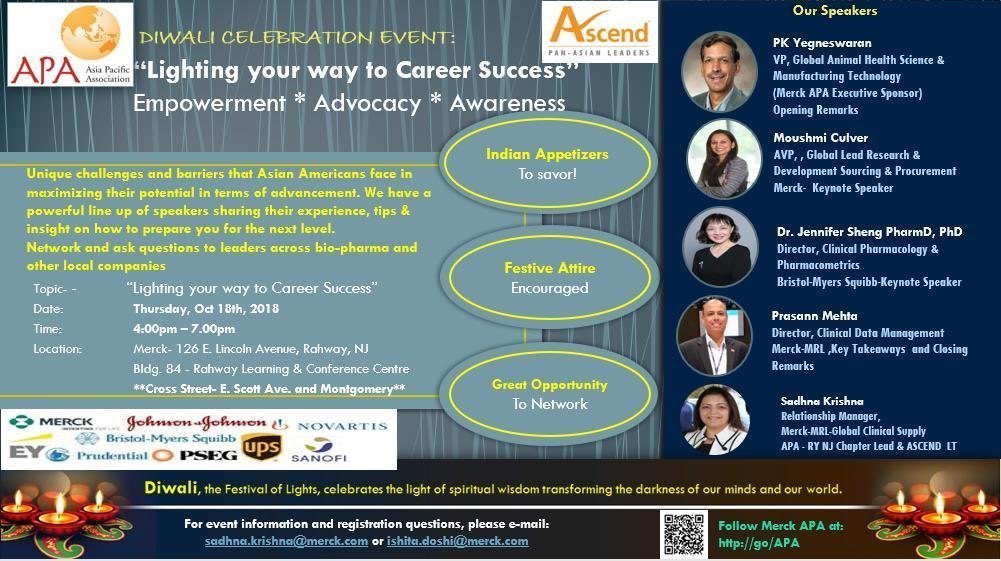 Sadhnakrishna's tweet photo. Event Invite: Merck APA and Ascend New Jersey Chapter presents Diwali Celebration &amp; Professional Development Event "Lighting your way to Career Success” Empowerment * Advocacy * Awareness” on October 18th at Merck Rahway site.
Registration Link: https://t.co/Q21cjCkKWF https://t.co/pQmPeI9P4B