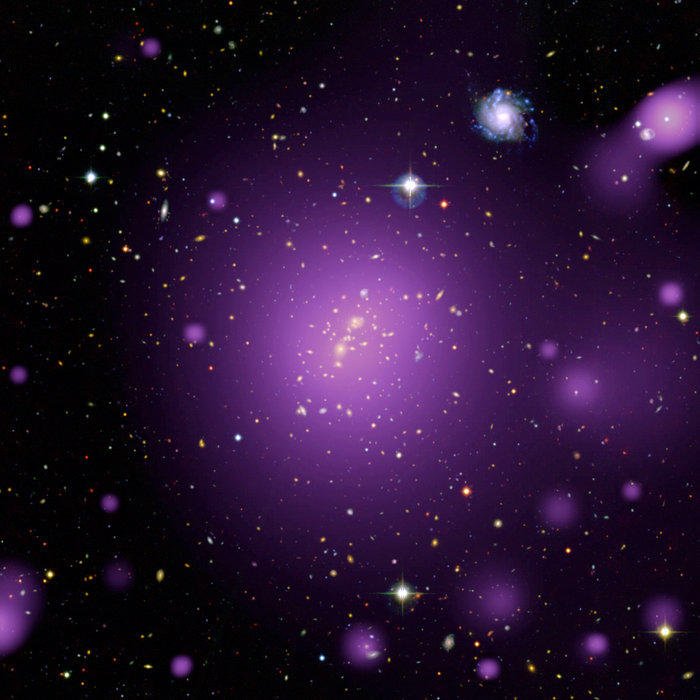 esascience's tweet photo. #Space #Science #ImageOfTheWeek: A composite view of the massive cluster of galaxies XLSSC006, which we observe as it was when the Universe was only about 9 billion years old 📷 X-ray glow (purple) by @ESA_XMM; visible+near-infrared data by @CFHTelescope https://t.co/Ju4puaaxiW https://t.co/KMnQPQviXV