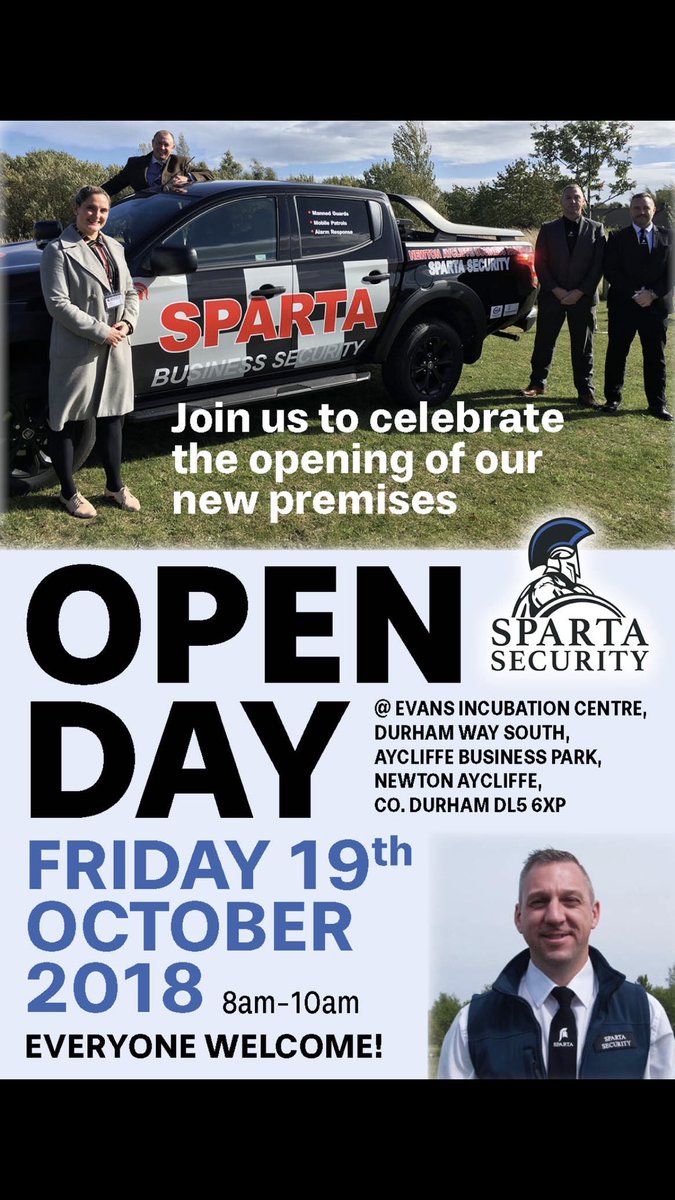 SpartaSNE's tweet photo. #SpartaSecurity has an open day 18th October at the Incubation Centre #NewtonAycliffe @AycliffeBizPark 08am-10am it would be great to see other businesses off this business park come . https://t.co/Kx0R1cI4Zd