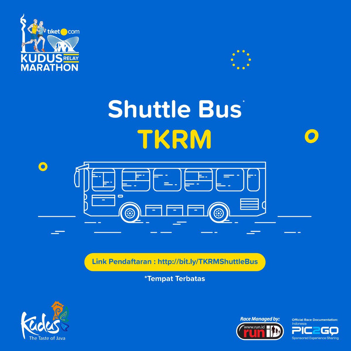 tkrm2018's tweet image. Free Shuttle Bus TKRM untuk 100 Pendaftar Pertama.
Rute Simpang Lima Semarang-Simpang Tujuh Kudus.
Tanggal: 21 Oktober 2018
Jam Keberangkatan: 02.00
Jam Pulang: 12.00
Untuk pendaftaran klik bit.ly/TKRMShuttleBus

#tiketcomkudusrelaymarathon
#tkrm2018
#kudus
#relaymarathon