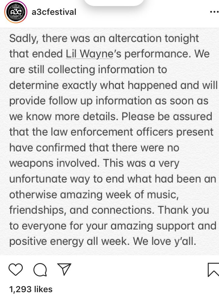 UnRatedMagazine's tweet photo. @A3C announces lil Wayne concert ends abruptly due to police presence 
#repost #lilwayne concert stopped #news #musicnews #whathappened #hiphopnews #hiphop #rapnews #rap #now @UnRatedUrbanMag #UnRatedMagazine https://t.co/B5CWt92dQD