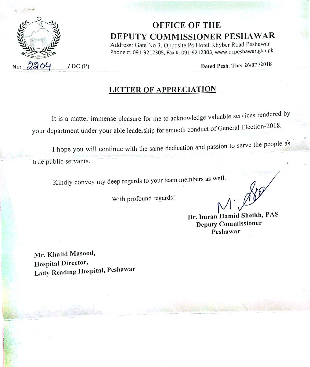 Media_Section's tweet photo. Letter of appreciation from Deputy Commissioner Peshawar to Hospital Director Dr. Khalid Masud on valuable services during election 2018, https://t.co/cplzrGOKpb