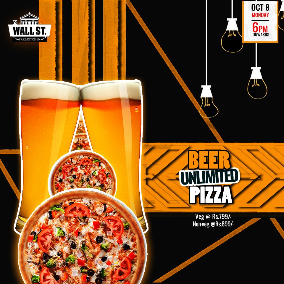 55_wallstreet's tweet photo. Satisfy your Pizza craving with our exclusive  #UnlimitedBeerPizza #MondayOffer 
Avail Veg @Rs.799/-, Nonveg @Rs.899/- only on Monday, 6pm onwards!
RSVP: 07022666677 https://t.co/hwkdP2zrVf