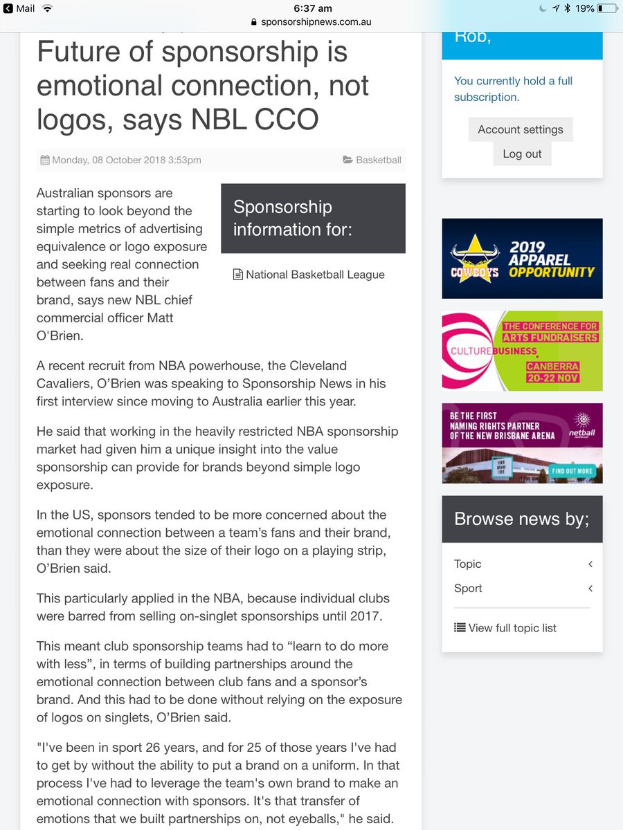 Millsyrob's tweet photo. “Future of sponsorship is emotional connection, not logos”. 
Former @NBA executive and current @NBL Commercial Officer @mattrobrien talks about how sponsorship strategy and measurement needs to evolve via @SponsorshipNews https://t.co/x95lcVV741