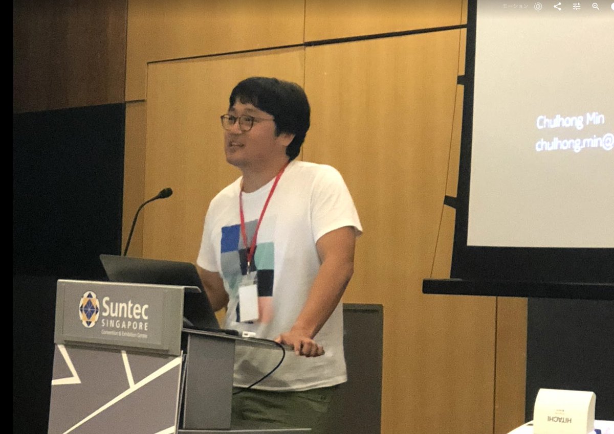 TadashiOkoshi's tweet photo. Chulhong Min (Nokia Bell Labs) presenting "Earble" device and its cross-modal approach for conversational well-being monitoring. #wellcomp2018 (room 325) #ubicomp2018 https://t.co/qOv2zhY1vk