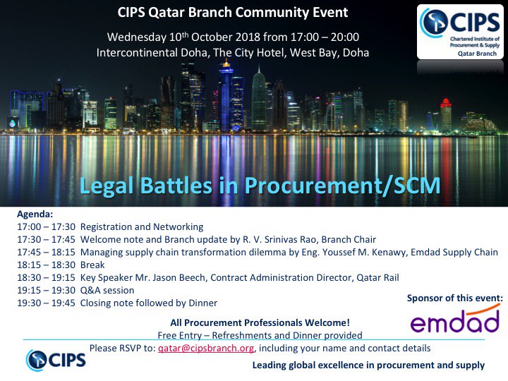 We are proud to be sponsoring CIPS Qatar Branch Event "Legal Battles in Procurement." Register now and learn about Emdad founders insights.

#justemdad #supplychain #procurement #transformation #CIPS #Qatar
register here:  lnkd.in/eBxkCqc