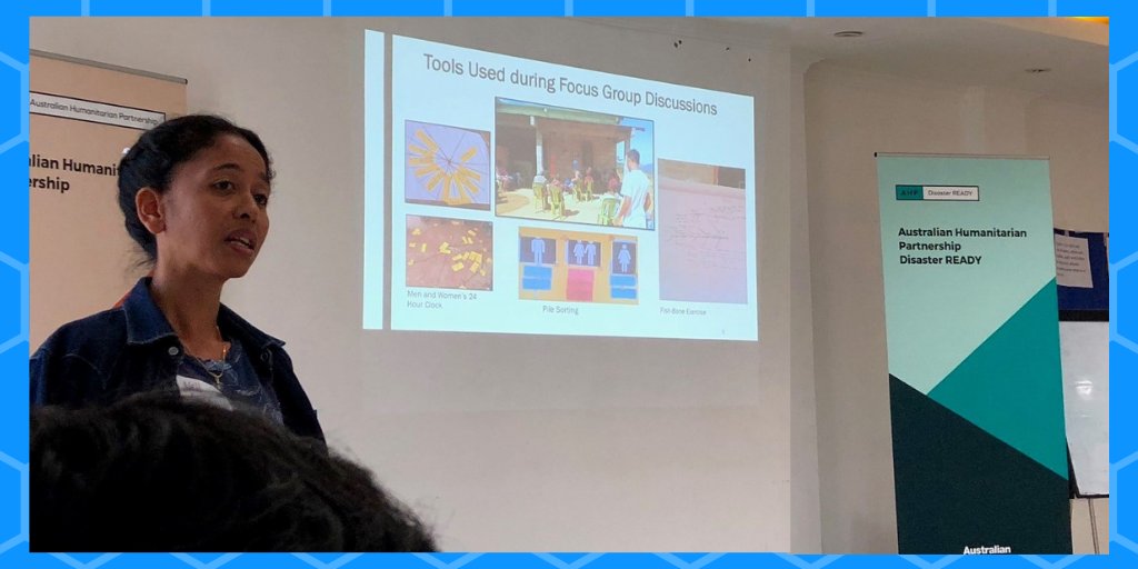 AusHPship's tweet photo. Nelina de Sousa from @CAREAustralia shared the findings and approach to a collaborative gender and power analysis undertaken by #DisasterREADY partners in #Timorleste. The findings will inform #localised #inclusive #disasterpreparedeness. #AusHPship @dfat https://t.co/T83h7uniVC