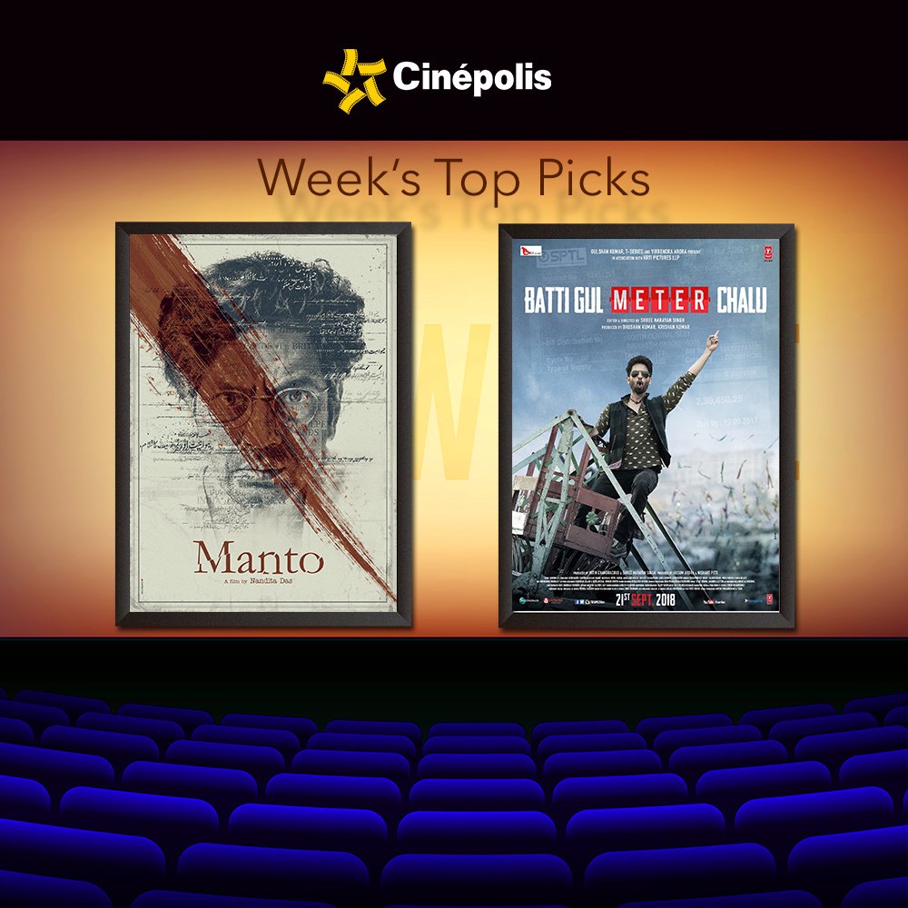 IndiaCinepolis's tweet photo. A thought provoking biopic of a free-spirited writer, or the heart-touching battle of a friend against a privatized electricity company? Take your pick!
#SuccessfullyRunning at a Cinépolis multiplex near you.
#Manto #BattiGulMeterChalu https://t.co/6yu2wg3sXO