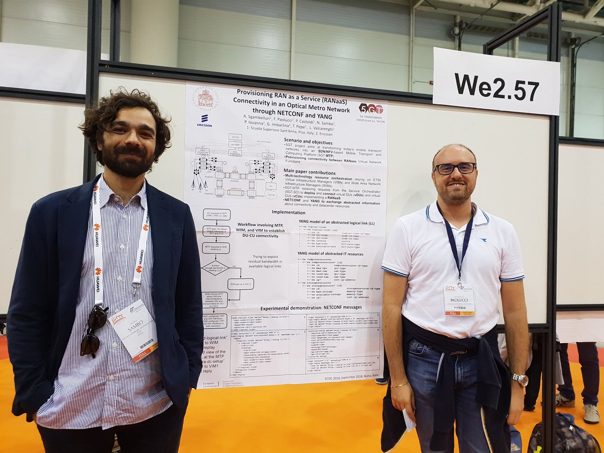 Silvia_Fichera's tweet photo. Poster session at #ECOC18. Provisioning RAN as a Service (RANaaS) Connectivity in an Optical Metro Network through NETCONF and YANG
#ECOC2018 #5GT @5g_transformer @ScuolaSantAnna @EricssonItalia https://t.co/pD3Nvv5KIH
