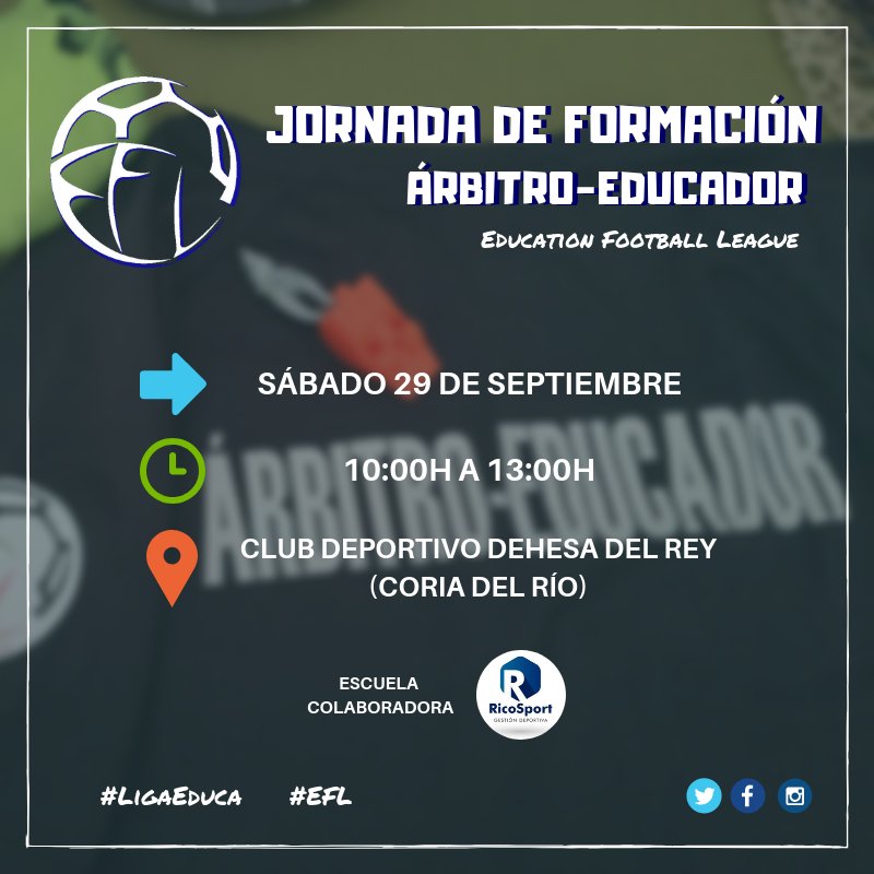 📣 Este sábado tenemos Jornada de Formación para nuestros Árbitros-Educadores 👇

📆 Sábado 29 de septiembre. 
⏱ 10:00h. a 13:00h.
🏟️ CD Dehesa del Rey (Coria)

Agradecemos a <a href="/RicosportD/">Ricosport Gestión Deportiva</a> la colaboración en la cesión de sus instalaciones. ¡Muchas gracias! 🤗