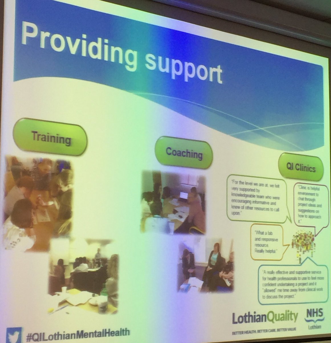 GillMilner4's tweet photo. Dr Jane Cheeseman talking about the support mechanisms round QI projects and the value of QI clinics @CheesemanJane @MariaHolancova #QILothianMentalHealth #QIBehaviourChange https://t.co/ZjmLWvG0f6