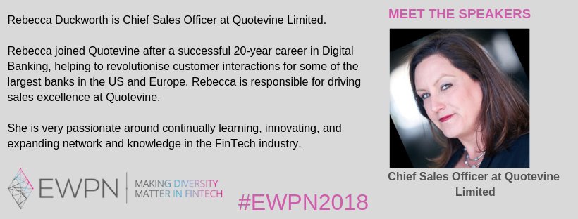 EWPNEurope's tweet photo. MEET THE SPEAKERS: MEET @rebduckfintech- Chief Sales Officer at @Quotevine. Rebecca will be moderating the panel discussing: #Cyber #Security, #Fraud & #FinancialIndustry using #transactionscreening, rule based alerts etc. Join her at #EWPN2018: https://t.co/othT0OE6Vu https://t.co/JVITNrKkEs