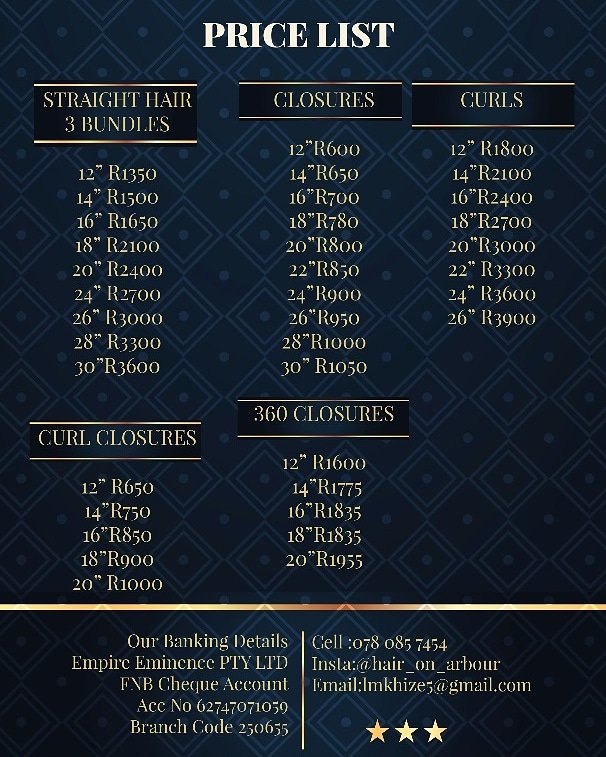 Barry_baee's tweet photo. Our price list @hair_on_arbour on IG.

#GirlsTalkZA
#girlschat
#girlbuy https://t.co/fSrR1WfJV8