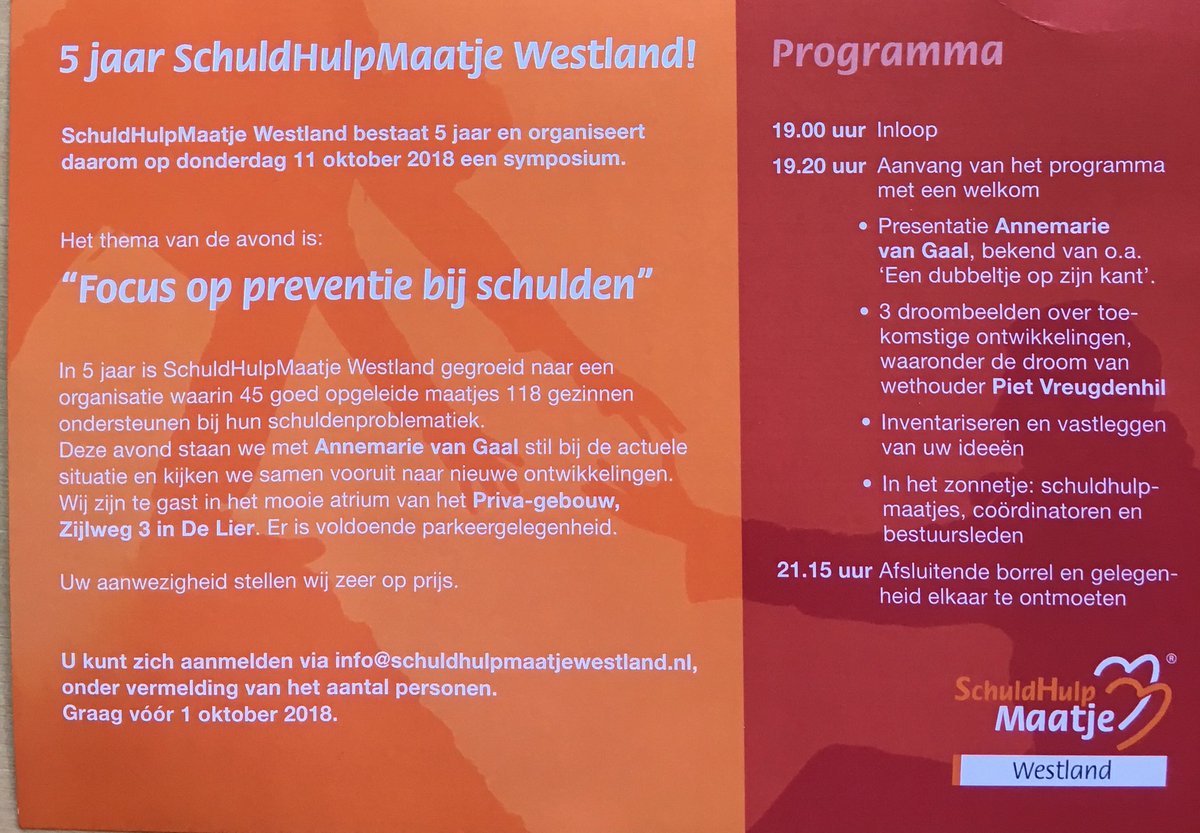 Annemarie van #Gaal geeft haar visie op omgaan met schulden op het symposium van 11oktober. #SchuldhulpmaatjeWestland is al 5 jaar actief en wil nog beter de toekomst in. Wil je het meemaken, meld je dan aan.