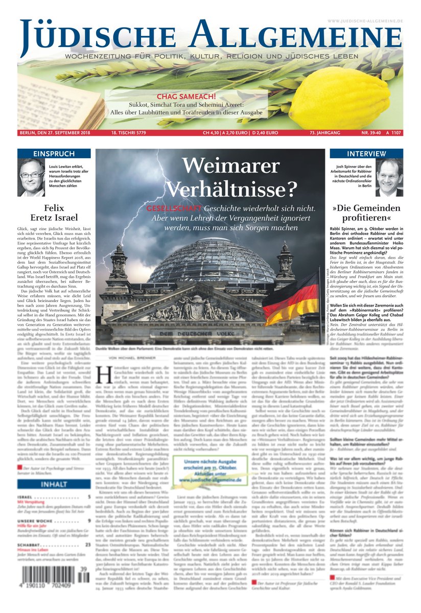 JuedischeOnline's tweet photo. Unsere Themen: #Sukkot, #SimchatTora und #ScheminiAzeret: Alles über Laubhütten und Torafreuden. Außerdem: 60 Jahre @asf_ev – @ZWSTgermany – Jewish Places @jmberlin – #WuligersWoche @MWuliger – @SERET_Films in Deutschland https://t.co/iBPhL5Xymz