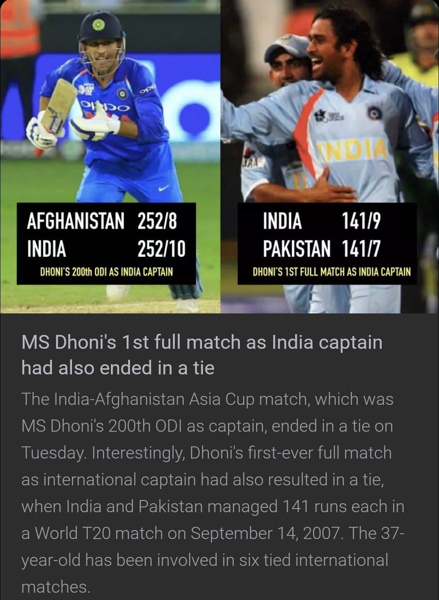 Hyd_Chronicle's tweet photo. #MSDhoni #MSD200
#MSD
1st full match as #indian Captain has also ended in a tie...
How many of u know it.
#Cricket
#AsiaCup
#AsiaCup2018
#INDvPAK
#INDvAFG
@TeluguPapers https://t.co/krPJ96V4lC