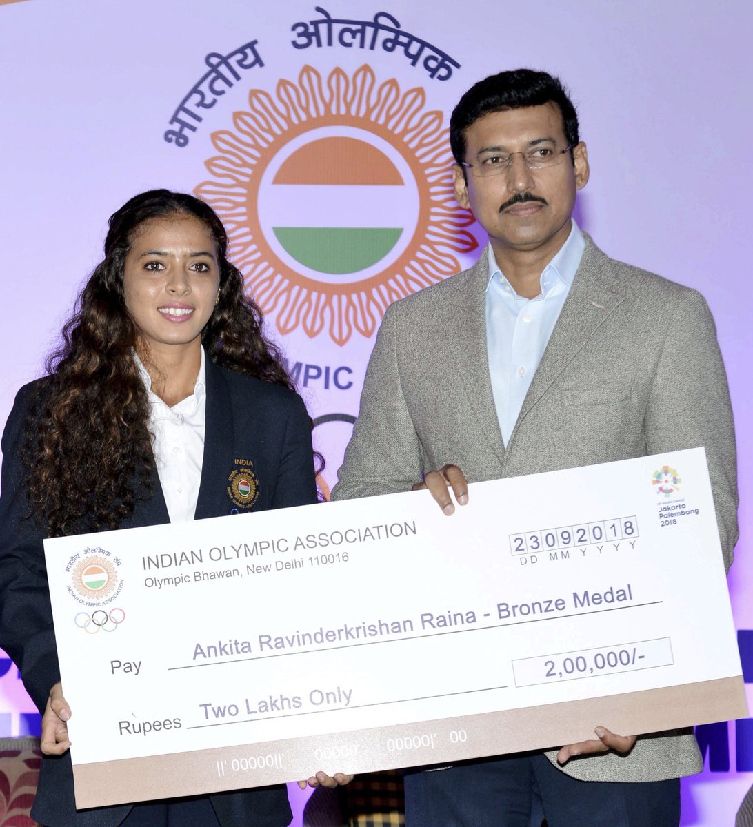 Thank you @Ra_THORe Sir and the Indian Olympic Association for this honour. Winning a medal at the Asian Games was one of the proudest moments of my career so far and I will work harder to bring more laurels to the country!🇮🇳#honoured #indiaolympicassociation