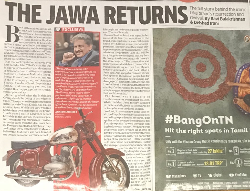 Three men and their magnificent machine - the Jawa Returns proclaims the ET! Here is the story .. bit.ly/2QYd74s follow them and stay updated @BRustomjee @reach_anupam @anandmahindra @Jawamotorcycle