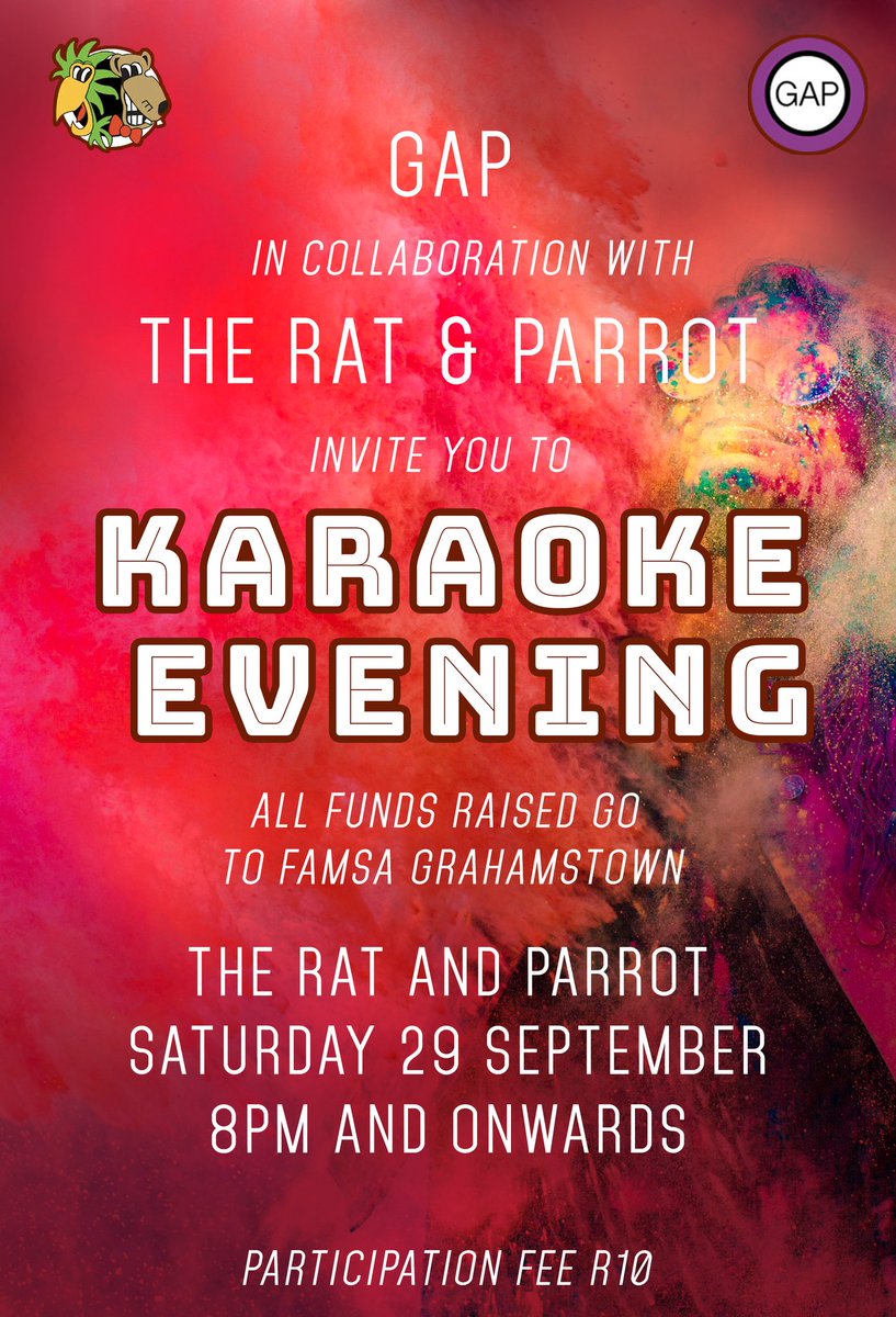 GenderRU's tweet photo. In collaboration with the Rat &amp; Parrot, we are inviting everyone to a karaoke evening this Saturday (29 September) from 8pm till later where all the funds will be going to FAMSA Grahamstown, an organization dedicated to empowering healthy functional family well being. Come thru💜 https://t.co/5zkvIYmeg0