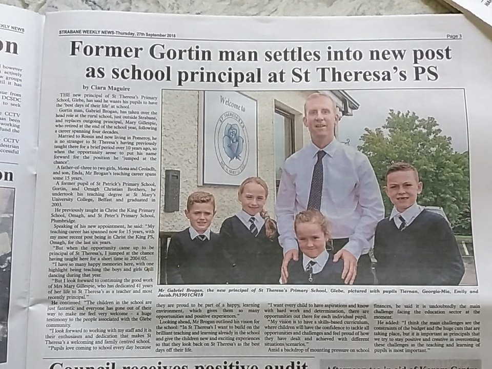 #newbeginningsahead @sttheresasglebe  Congratulations Mr Brogan.  Great article in local press. #greatweeschool