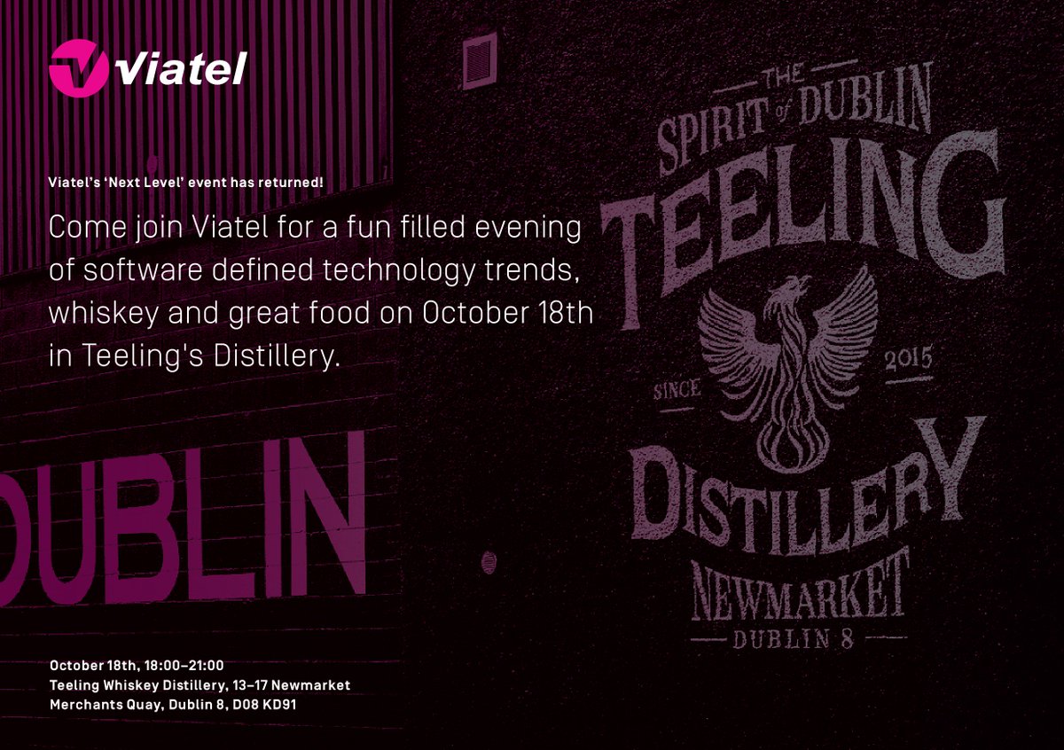 ViatelGroup's tweet photo. We are thrilled to announce our Q4 Customer Event taking place on October 18th in @TeelingWhiskey Distillery. Join us for an evening of software defined technology trends and great whiskey! Register Here: https://t.co/K4ZUORIWs9 https://t.co/qrTfLCa8uK