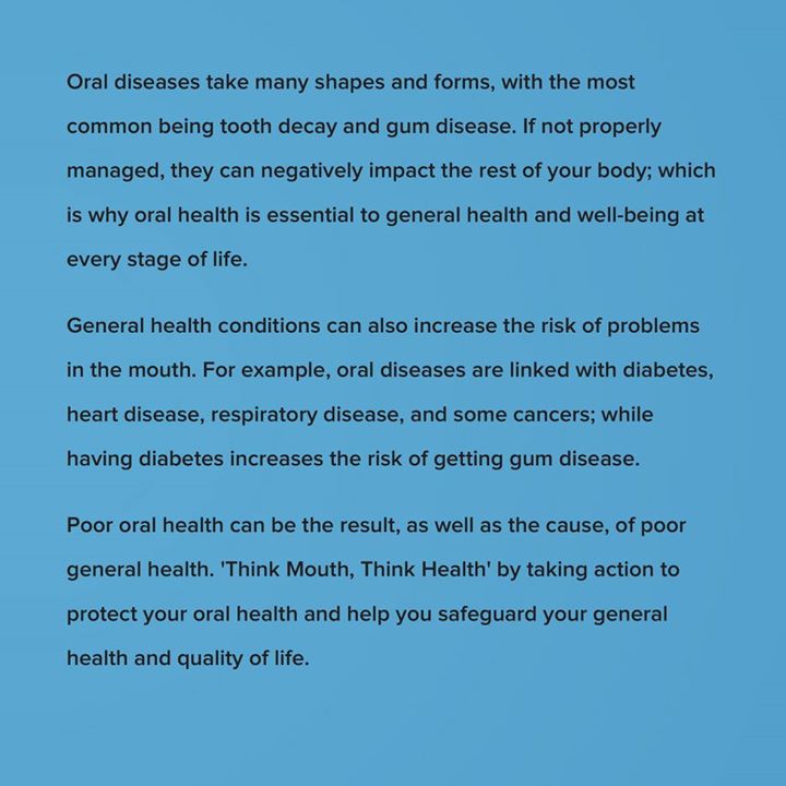 SADentalAssoc's tweet photo. Oral diseases take many shapes and forms, with the most common being tooth decay and gum disease.

Take action to protect your oral health and safeguard your general health and quality of life.

#ThinkMouthThinkHealth #SayAhh #WOHM18 https://t.co/8Zg5ZHK2N4