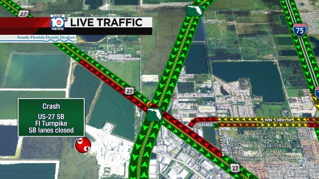 #TRAFFICALERT Crash on US-27 SB at the Fl Turnpike.  SB lanes are closed. https://t.co/625UMy1qwu