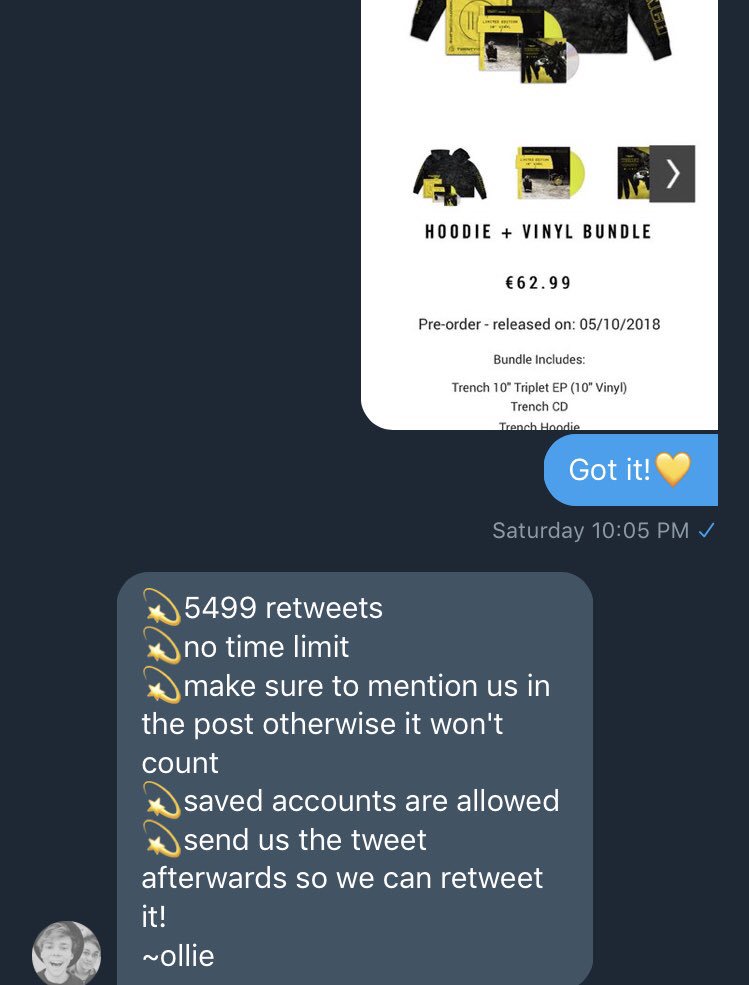peacewillwin1's tweet photo. @mgcmerch is helping me get the @twentyonepilots #TRENCH bundle! Please #Clique, #TwentyOnePilots and twitter work your magic and help me out! I’ll retweet anyone else’s as well!💛 thank you! 🙏 https://t.co/b84flNJZJT