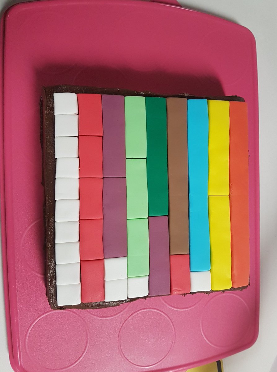 kath_boon's tweet photo. I am feeling the love from #6B2018 today. It seems they know me very well...whiteboard markers and a cuisinaire rod/fraction cake! Not sure whether to be proud or worried that one student asked for 5 quarters of my cake! Thank you for spoiling me on my birthday! https://t.co/uNg3FgH2G6